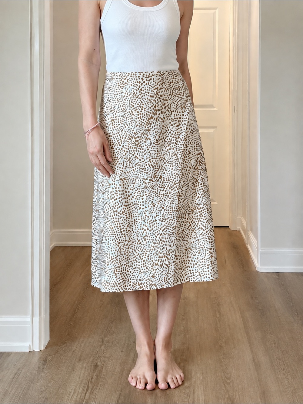 J. Crew Cream Midi Skirt with Brown Dot Print